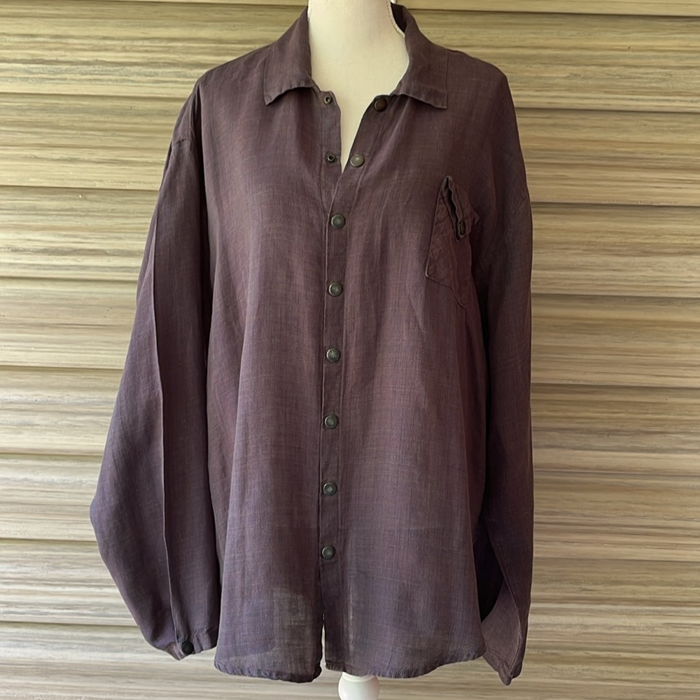 FLAX by Jeanne Engelhart Brown Long Sleeve Linen Blouse - Size Medium